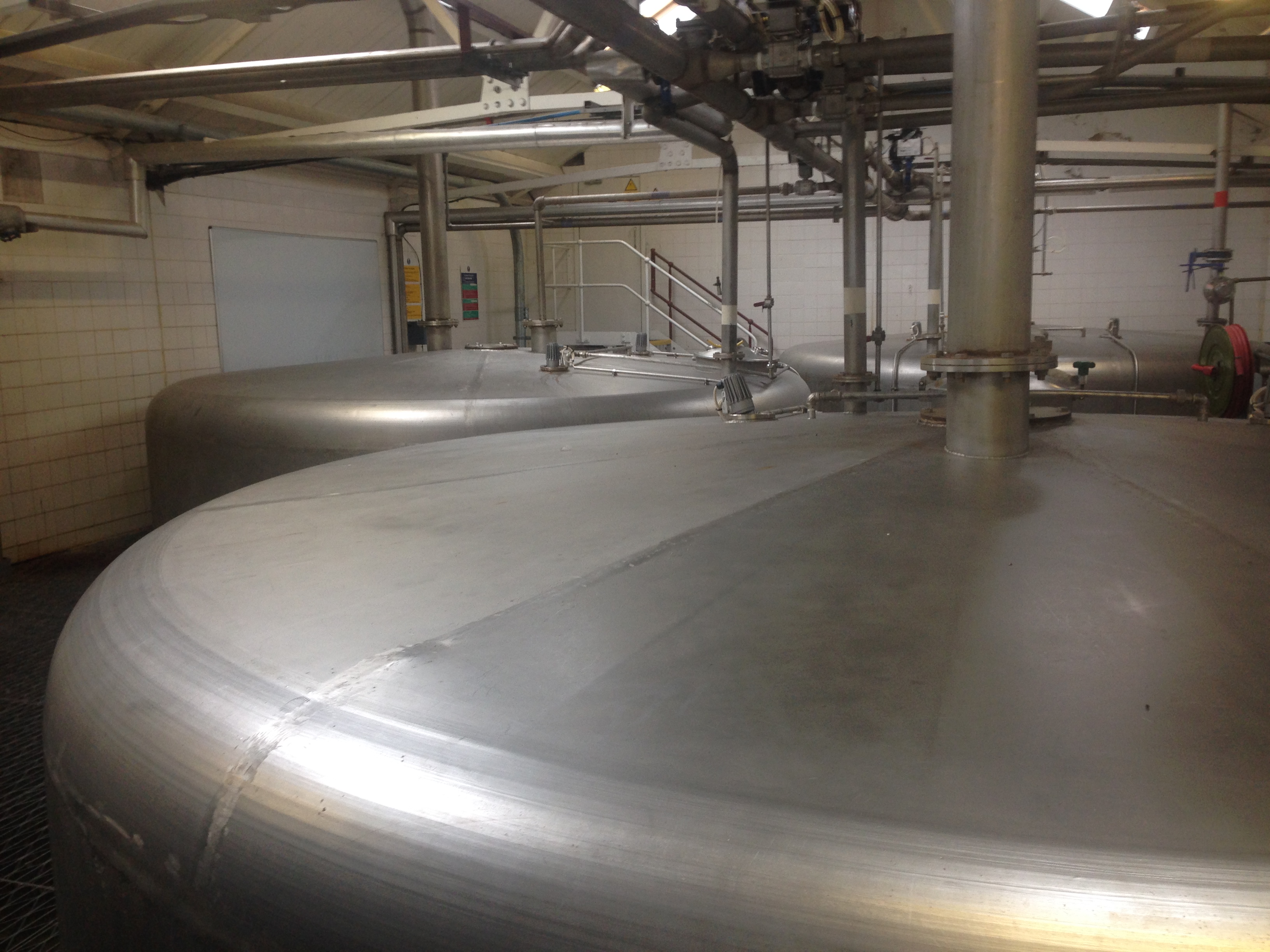 The milled barley is fermented to wort (essentially beer) in aluminium washbacks