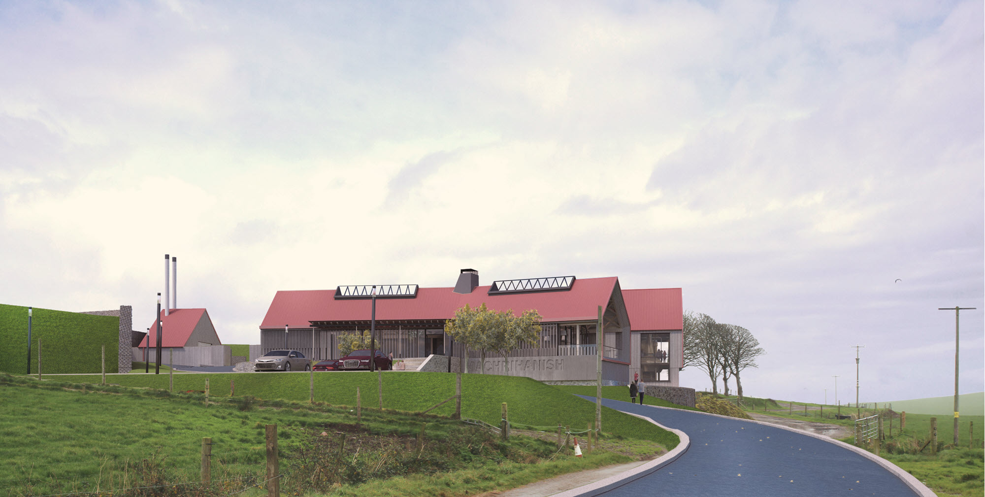 (An architect's image of the planned new Machrihanish distillery) Machrihanish distillery will promote sustainability by producing all its barley onsite