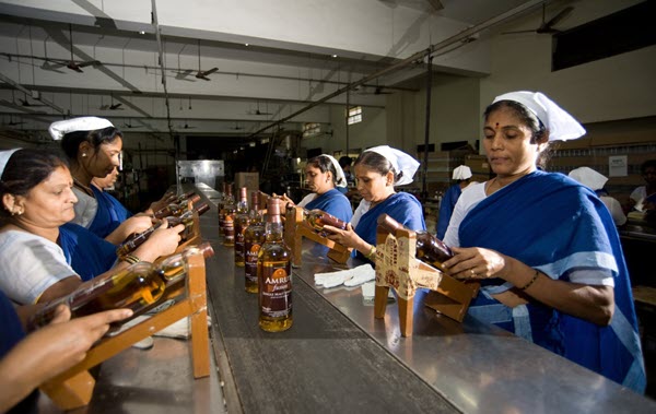 (A production line labelling bottles of Amrut whisky) Indian whisky is holding its own against its Scotch sibling - if the tariffs come down, will it finally be a fair fight?