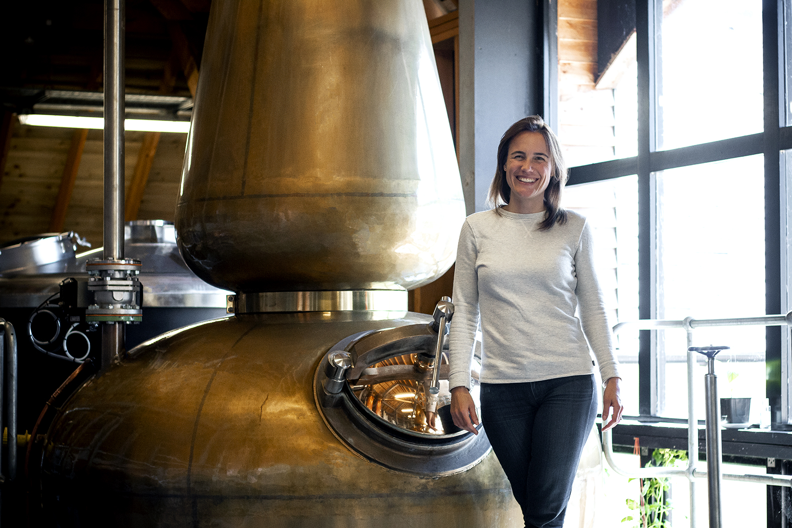 (Annabel Thomas, stood beside a pot still) Known for her progressive approach to making Scotch whisky, Annabel Thomas' views on marketing are no different