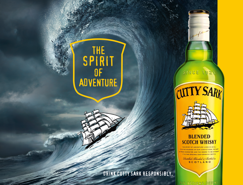 (A poster for Cutty Sark whisky, showing the bottle beside a rolling wave) Cutty Sark's light colour certainly has its fans, but many brands will use spirit caramel to steer clear of those choppy waters