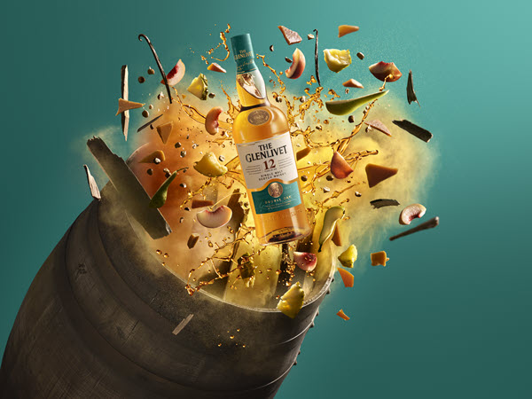 (A marketing shot, with a bottle of Glenlivet 12 and chunks of fruit bursting out of an exploding barrel) The core of the range, the Glenlivet 12 has found a home in the world's biggest markets
