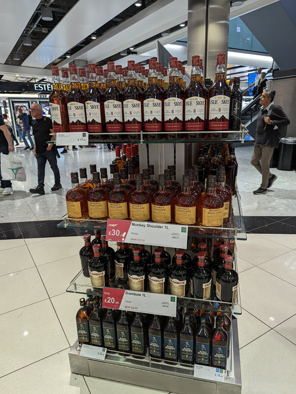 (A stand of whiskies from Ian Macleod in travel retail) It's not just big brands - smaller bottlers like Ian Macleod can find their own modest home in travel retail