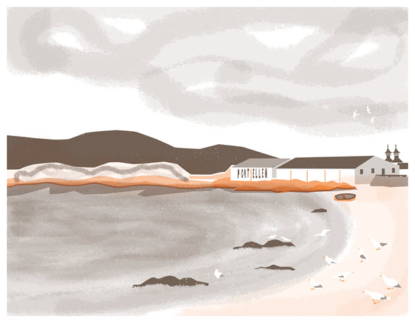 (A watercolour image of Port Ellen's coastal warehouses) Views of warehouses on Islay's coast are part of its charm, but if all its whisky were stored in situ, the landscape would be littered with them
