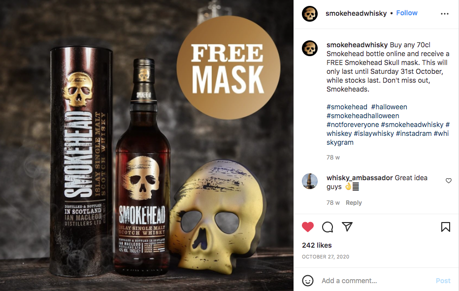 (A social media ad for Smokehead, including a free skeleton mask) Smokehead's unusual strategies to get noticed are certainly effective!