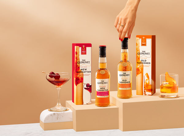 (The Glenlivet Twist & Mix range, on plinths, with bottles and full tumblers) Fighting the stereotypes that are spoken about in the industry, Glenlivet has released its Twist & Mix range of pre-mixed cocktails