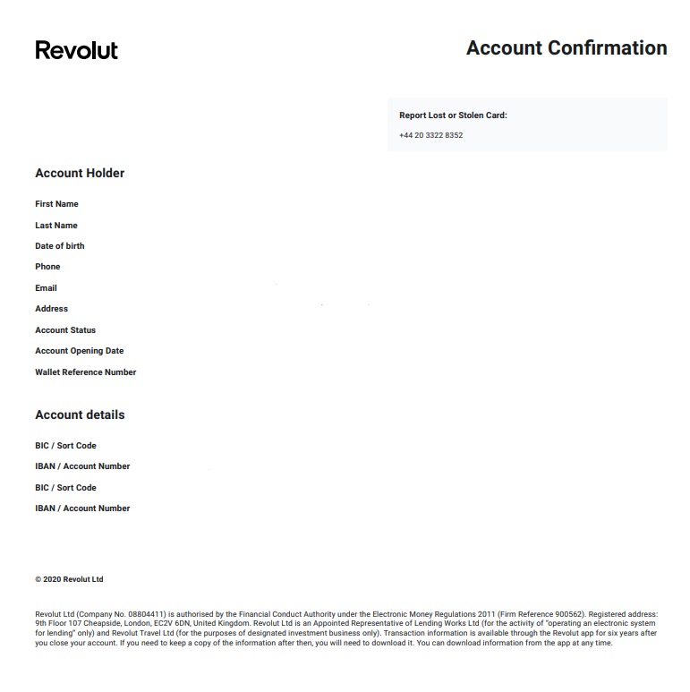 Revolut Account Confirmation Document