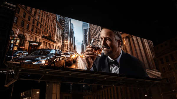 A billboard image of a man drinking Scotch