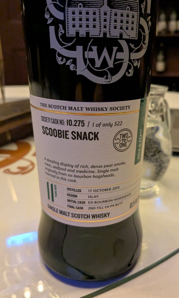A bottle of Scoobie Snack, a whisky at the Scotch Malt Whisky Society