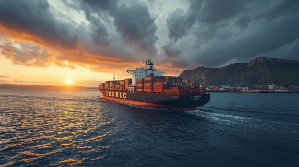 A shipping container sailing accross the ocean