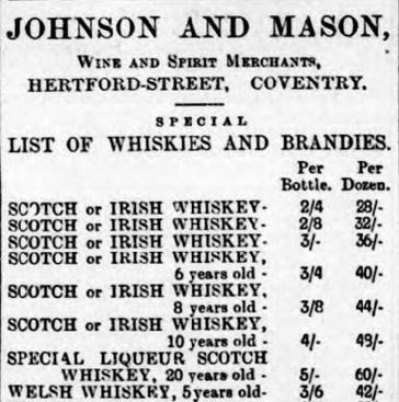 Welsh, Scottish and Irish whiskies for sale, 1900