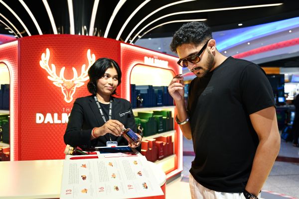 Trying whisky samples in an airport