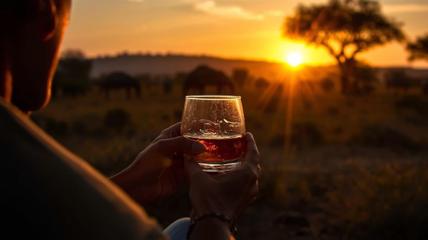 Drinking a whisky by the sunset in Africa