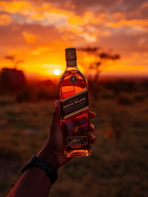 Johnnie Walker bottle held up to the setting sun in Africa