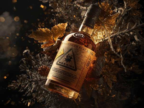Whisky bottle with a warning sign