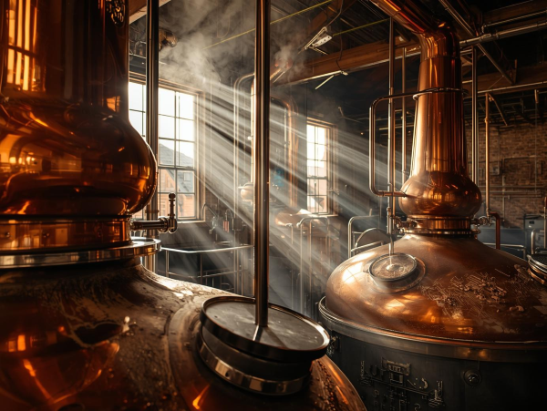 Whisky being distilled in a distillery