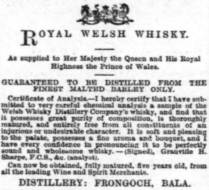 Royal Welsh Whisky Advert, 1896