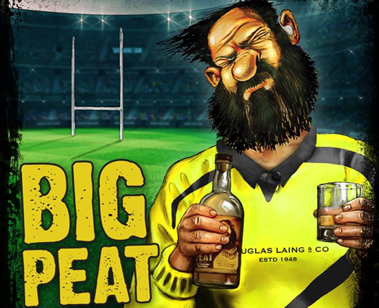 An advert for Big Peat blended malt, featuring a caricature of a bearded man on a rugby pitch
