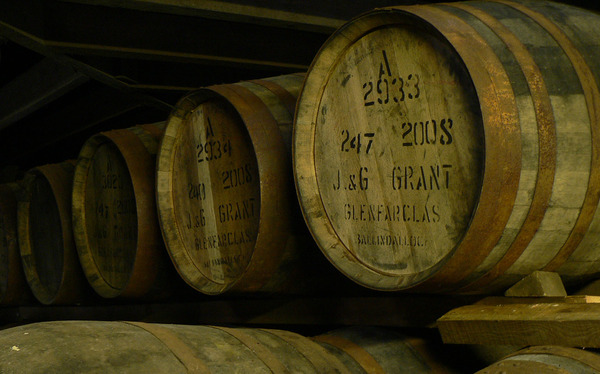 (Casks stored in a warehouse at J & G Grant distillery Glenfarclas)