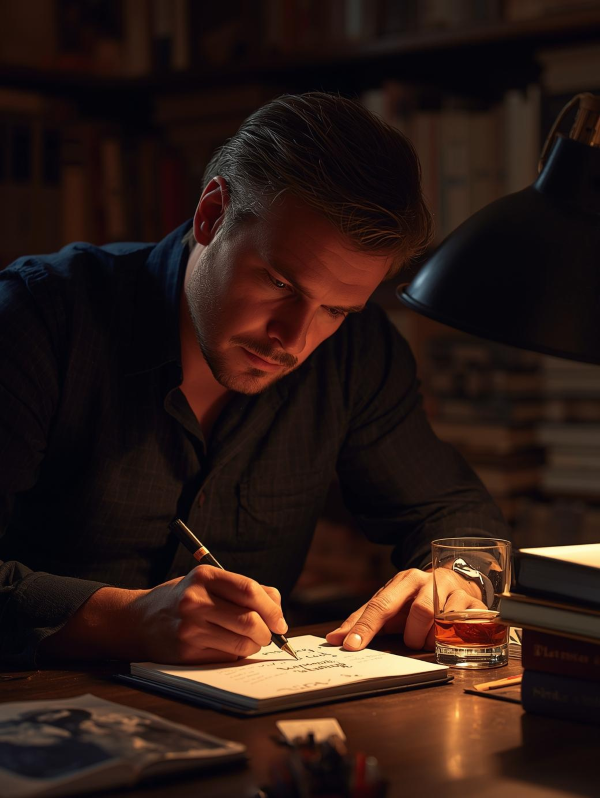 Man writing in book with a whisky on the table Man writing in book with a whisky on the table