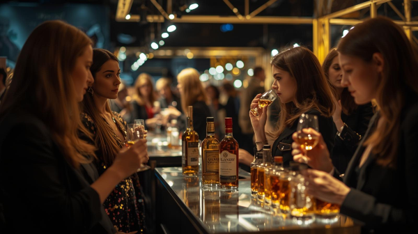 People sipping drinks at a whisky show